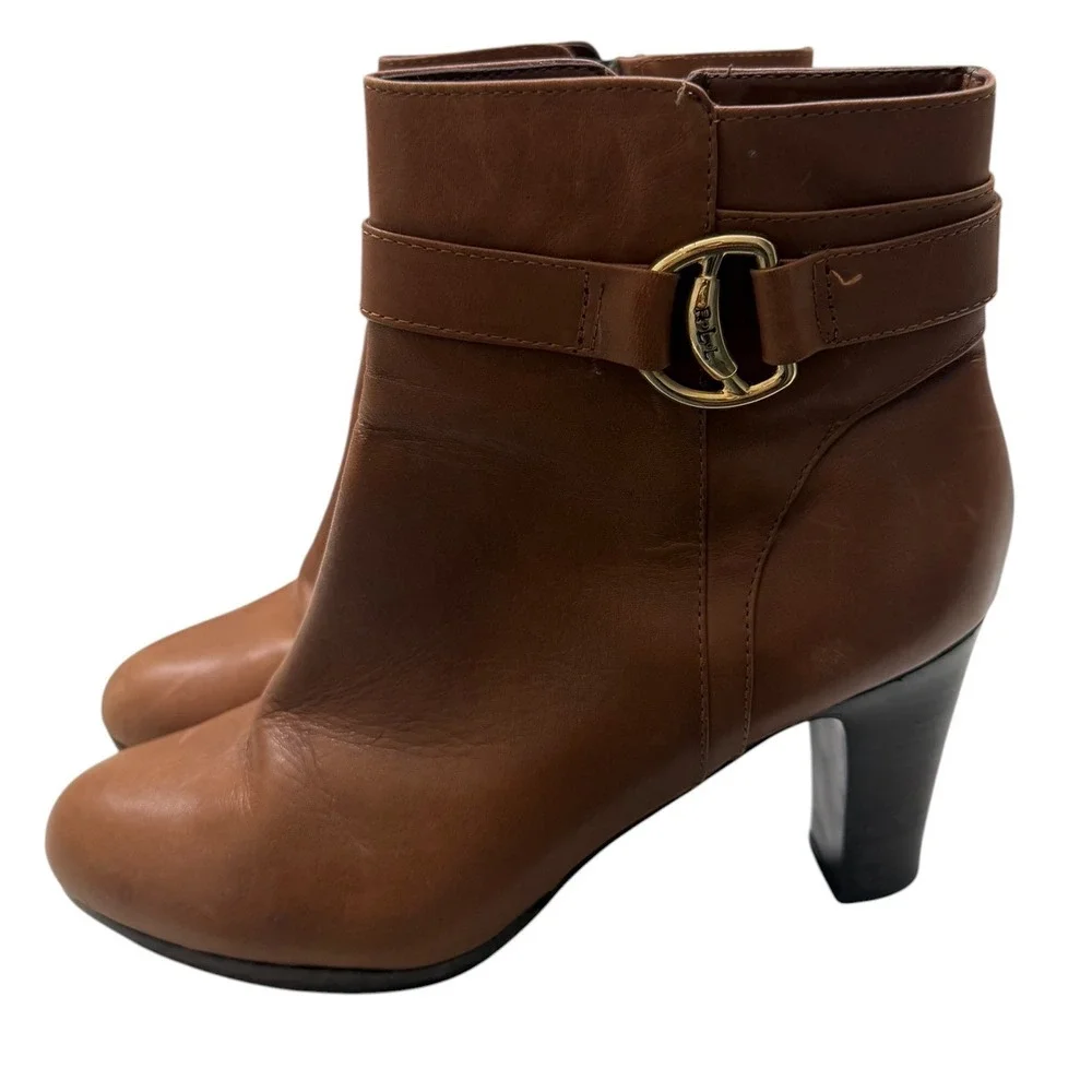 Lauren Ralph Lauren Tan Leather Ankle Boots Womens Size 9 Stirrup Buckle Heel - Picture 4 of 15